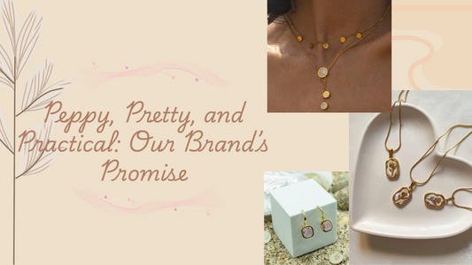 Peppy Pink jewelry flat lay with dainty rings, gold chains, and pastel packaging.