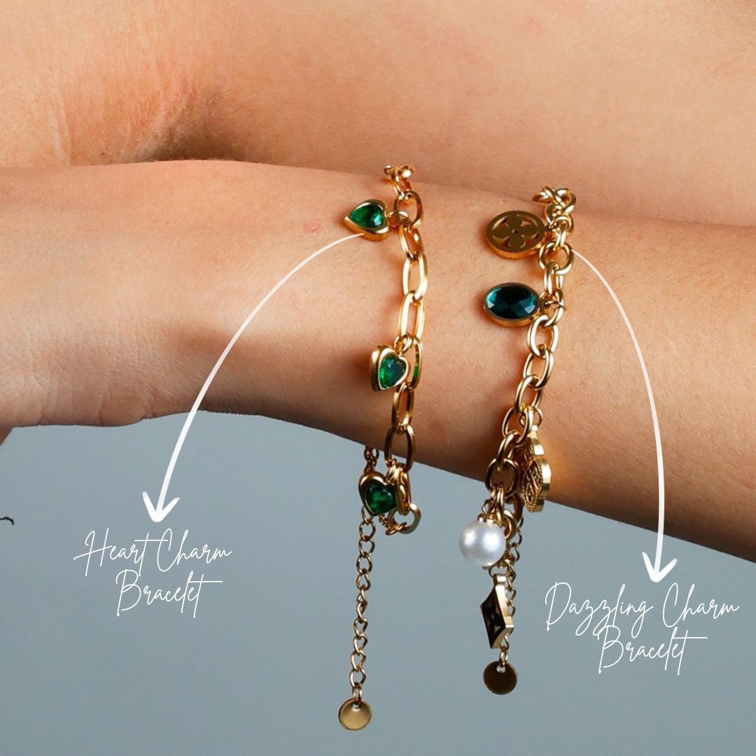 Elegant charm bracelet with yellow gold plating and anti-tarnish finish.