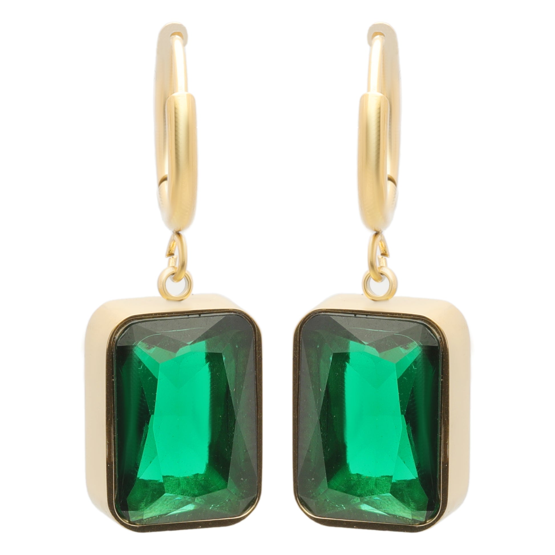 Elegant emerald earrings with yellow gold plating, hypoallergenic and anti-tarnish—perfect for timeless style and gifting.