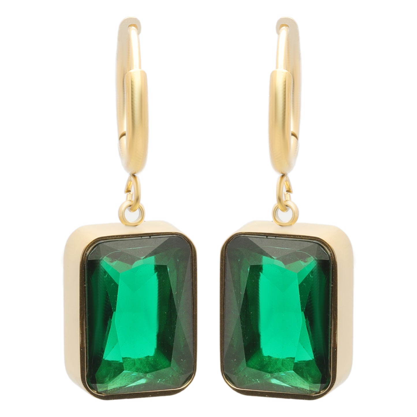 Elegant emerald earrings with yellow gold plating, hypoallergenic and anti-tarnish—perfect for timeless style and gifting.