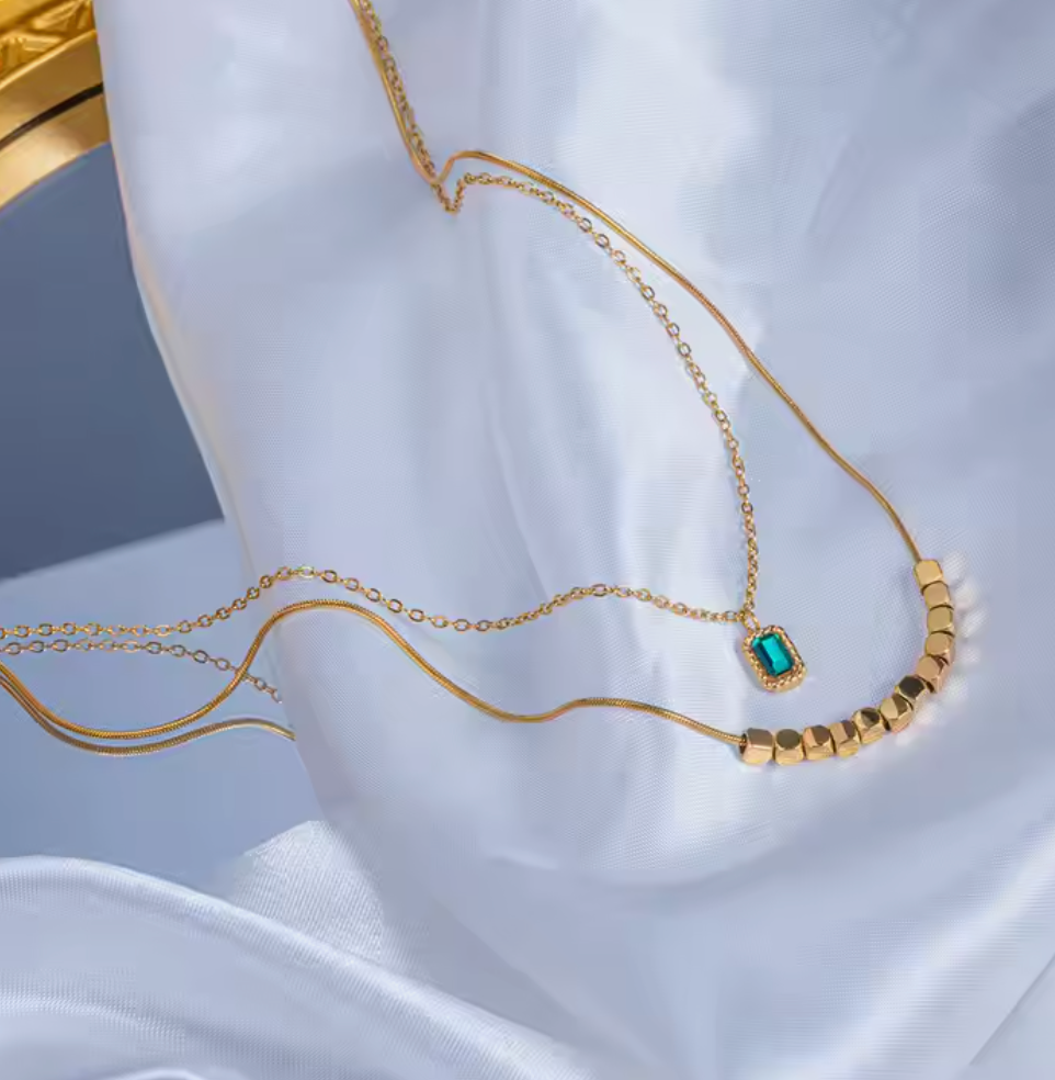 Emerald Envy Necklace with Yellow Gold Plating, anti-tarnish, hypoallergenic, and elegant design for fashion jewelry lovers.