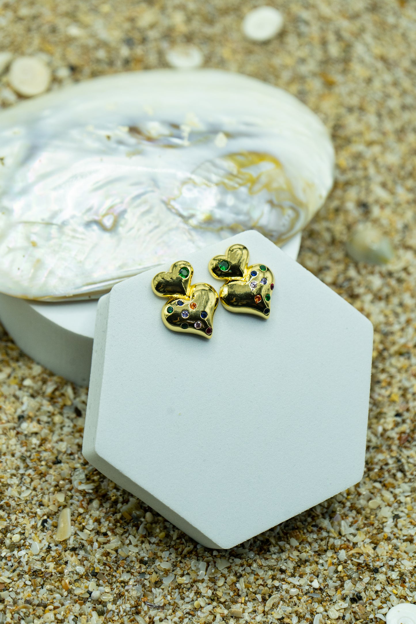 Elegant double heart earrings, yellow gold-plated, hypoallergenic, anti-tarnish, perfect for gifting or personal style