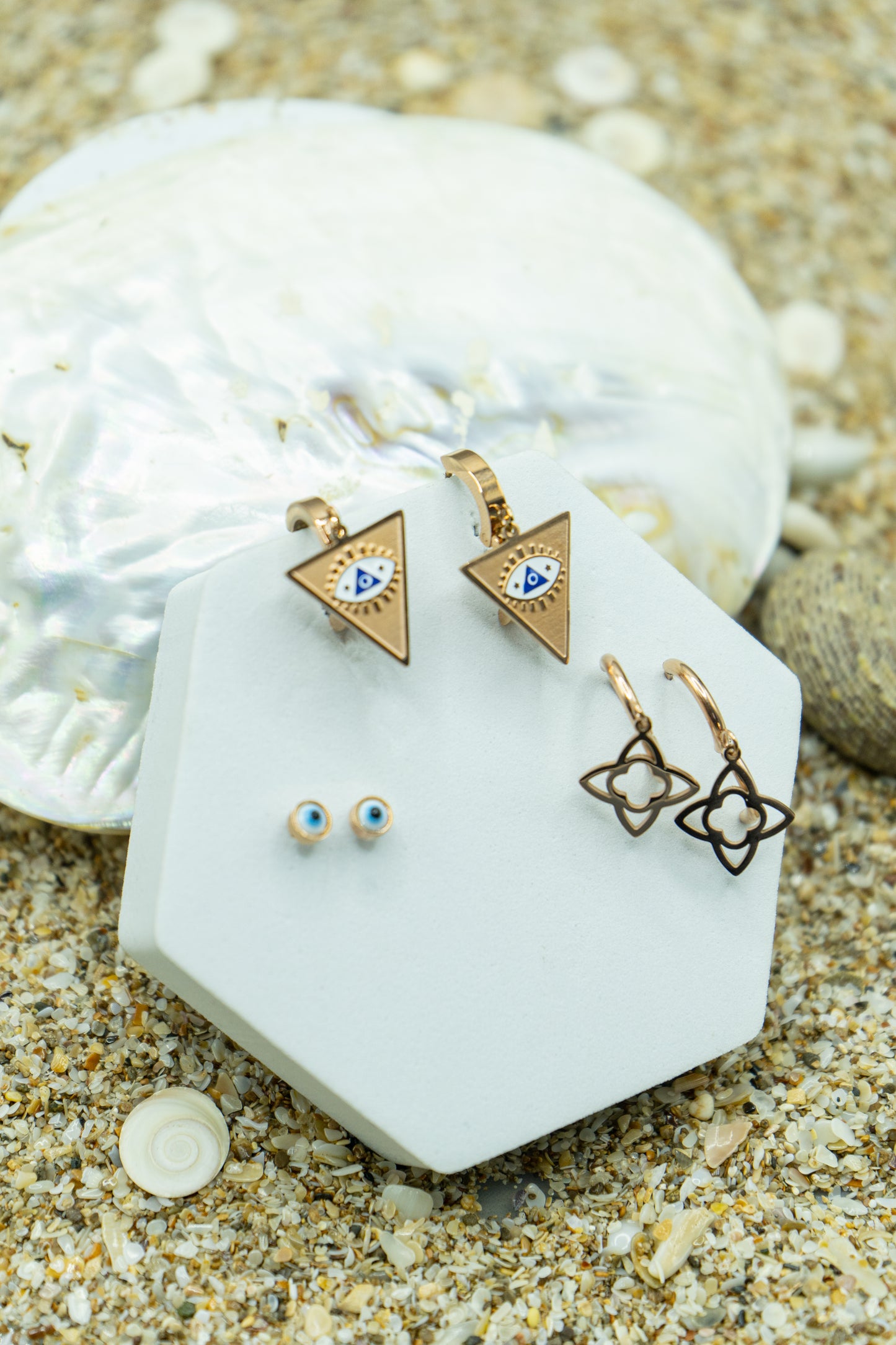 Evil Eye Earrings Set, rose gold-plated, hypoallergenic, anti-tarnish, stylish and protective fashion jewelry