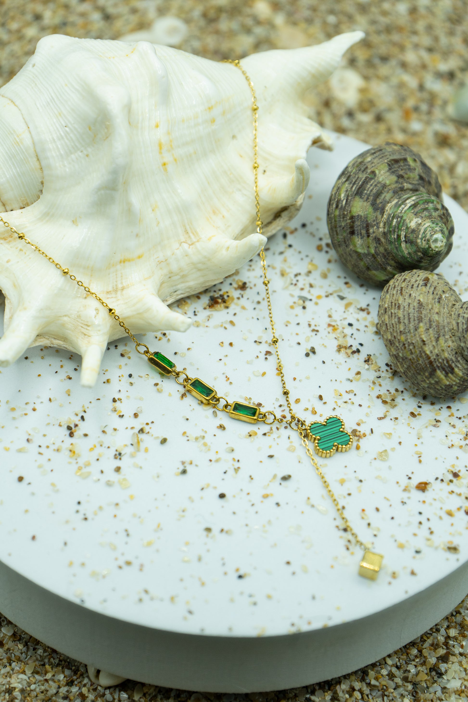 Elegant Green Clover Necklace with yellow gold plating, anti-tarnish finish, and hypoallergenic design.
