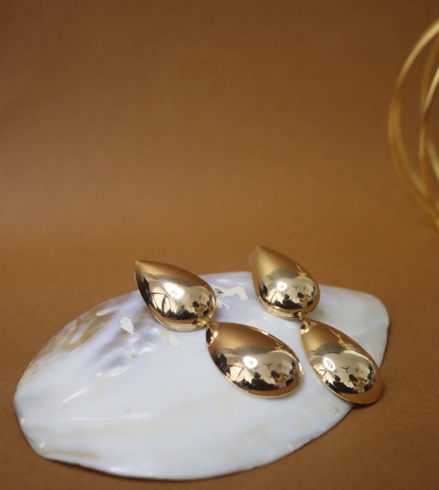 Dual Drop Earrings, affordable minimalist jewelry in yellow gold, anti-tarnish - Peppy Pink