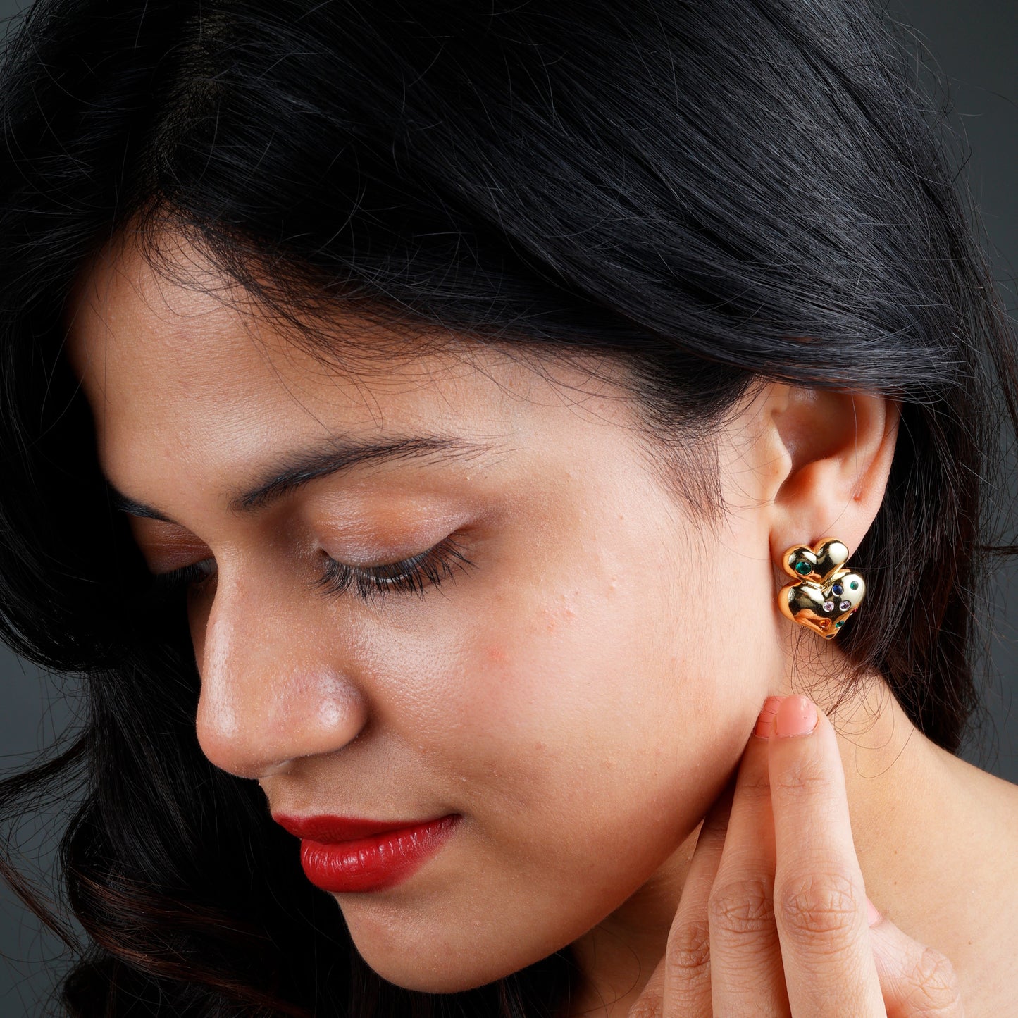 Elegant Double Heart Earrings with yellow gold plating, anti-tarnish finish, and hypoallergenic design.