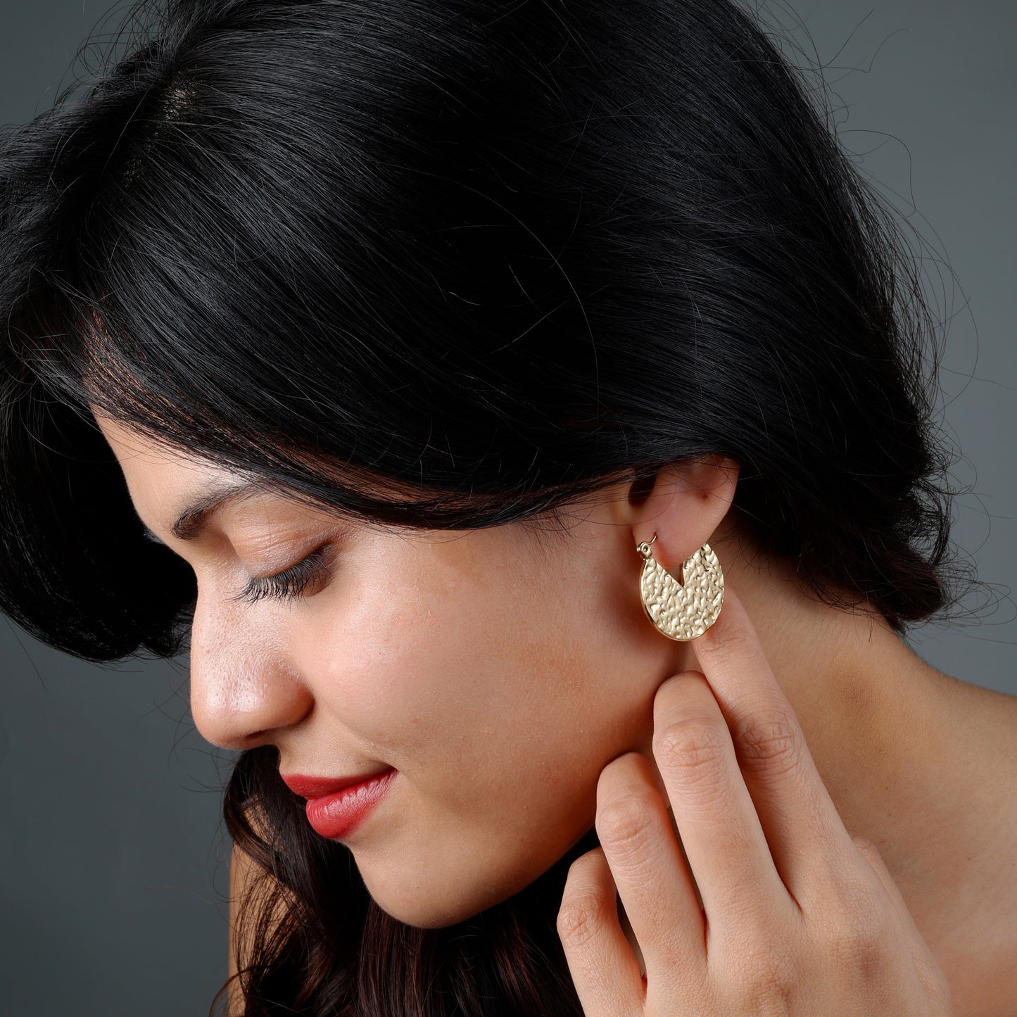 Elegant textured gold earrings with yellow gold plating, anti-tarnish finish, and hypoallergenic design.