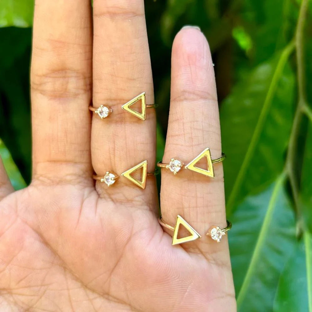 Peppy Pink Triangular Elegance Ring – modern triangle design in yellow gold, anti-tarnish, hypoallergenic.