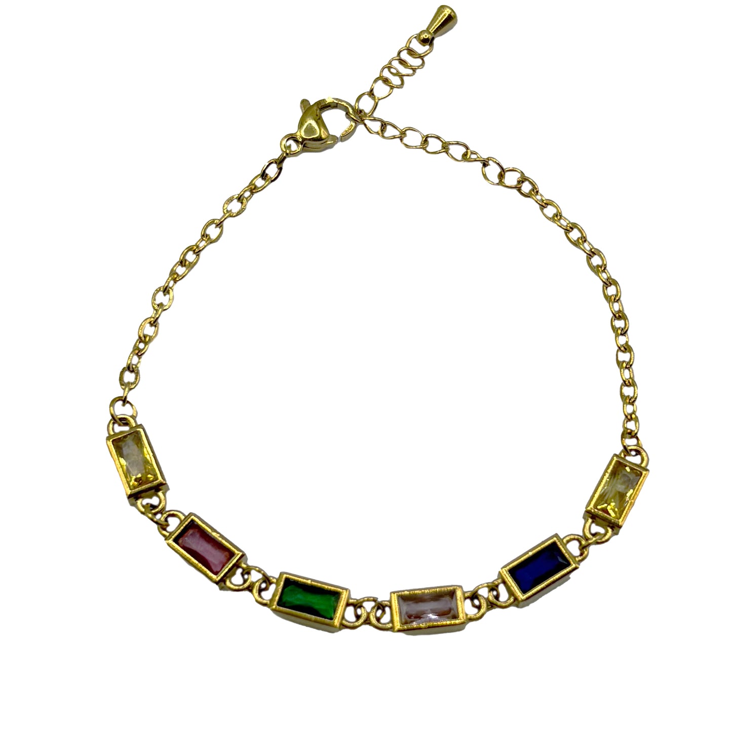 Vibrant Multi-Colored Stone Bracelet with yellow gold plating and hypoallergenic design.