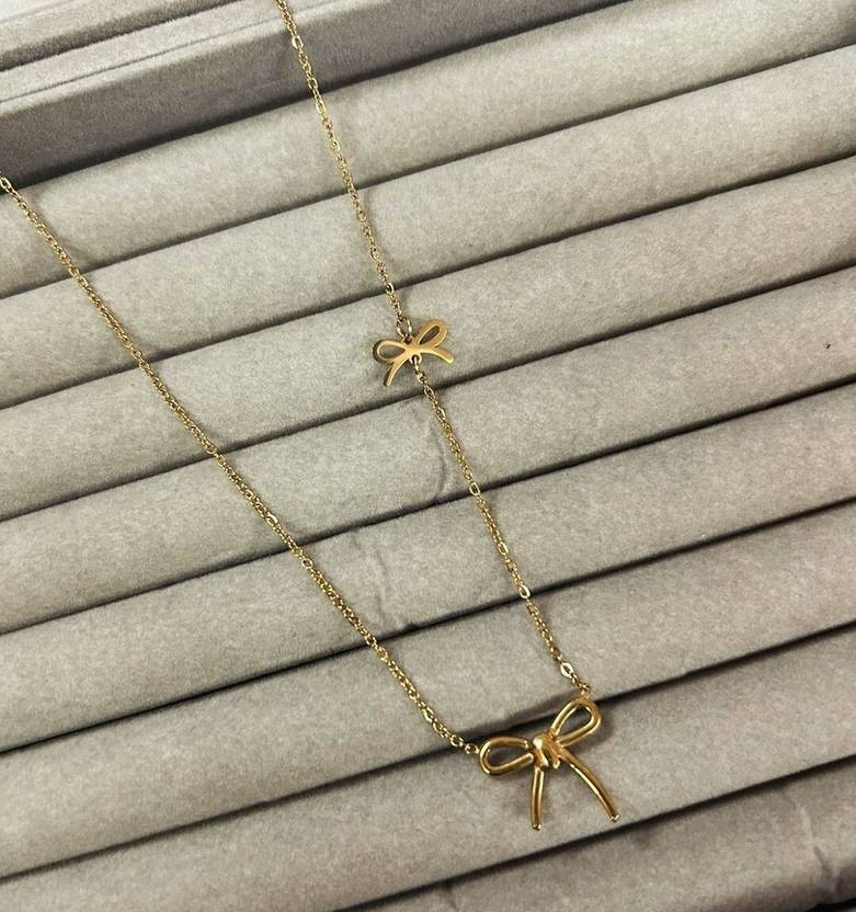 Double Bow Necklace in yellow gold plating – Peppy Pink