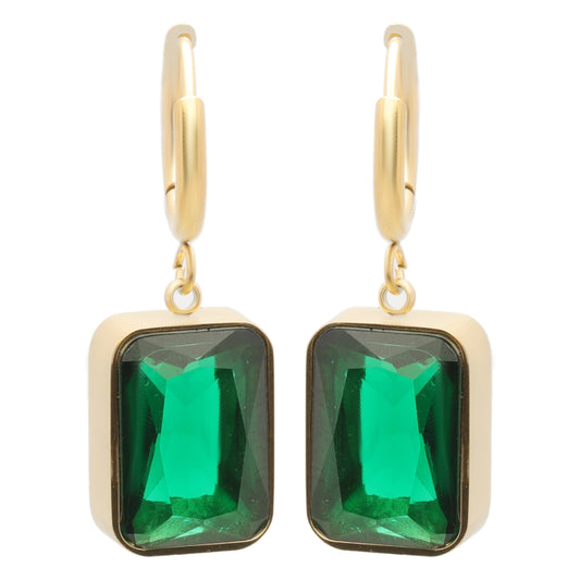 Elegant emerald earrings with yellow gold plating, hypoallergenic and anti-tarnish—perfect for timeless style and gifting.