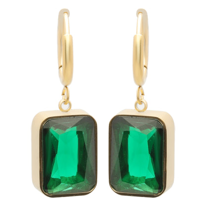 Elegant emerald earrings with yellow gold plating, hypoallergenic and anti-tarnish—perfect for timeless style and gifting.