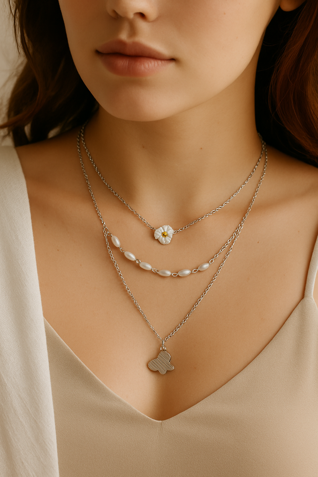 Three-Layer Daisy & Pearl Necklace