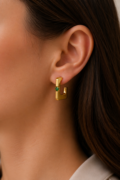 Emerald Accent U-Hoop Earrings