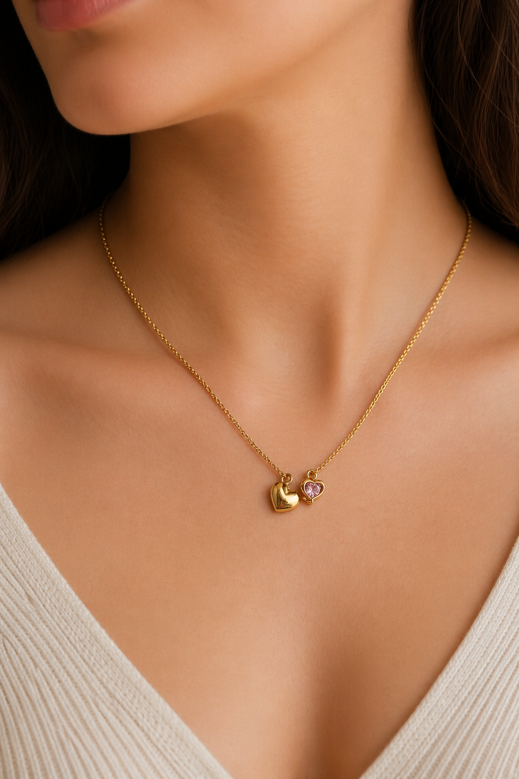 Dual Heart Charm Gold Necklace