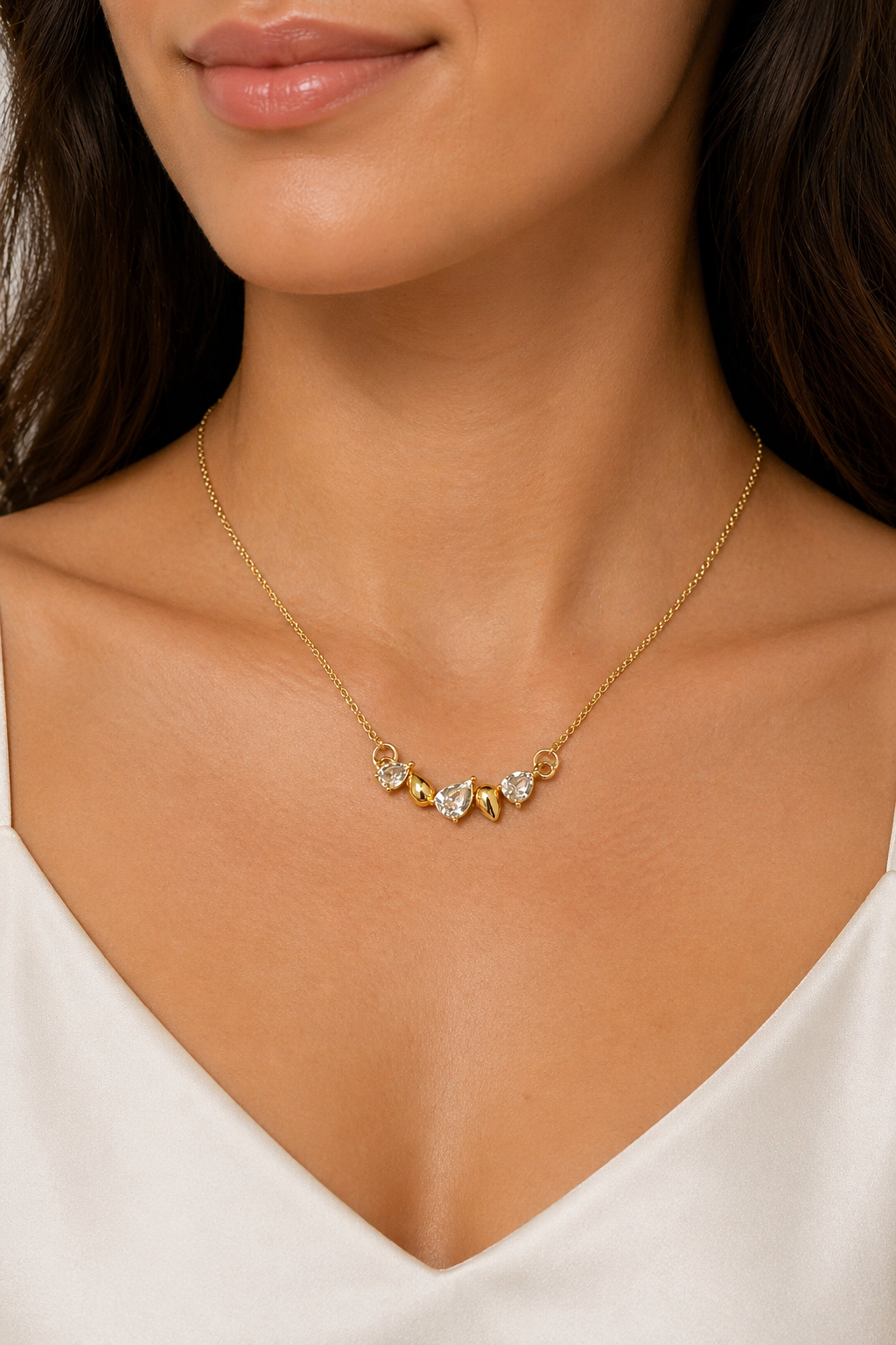 Golden Crystal Heart Cluster Necklace