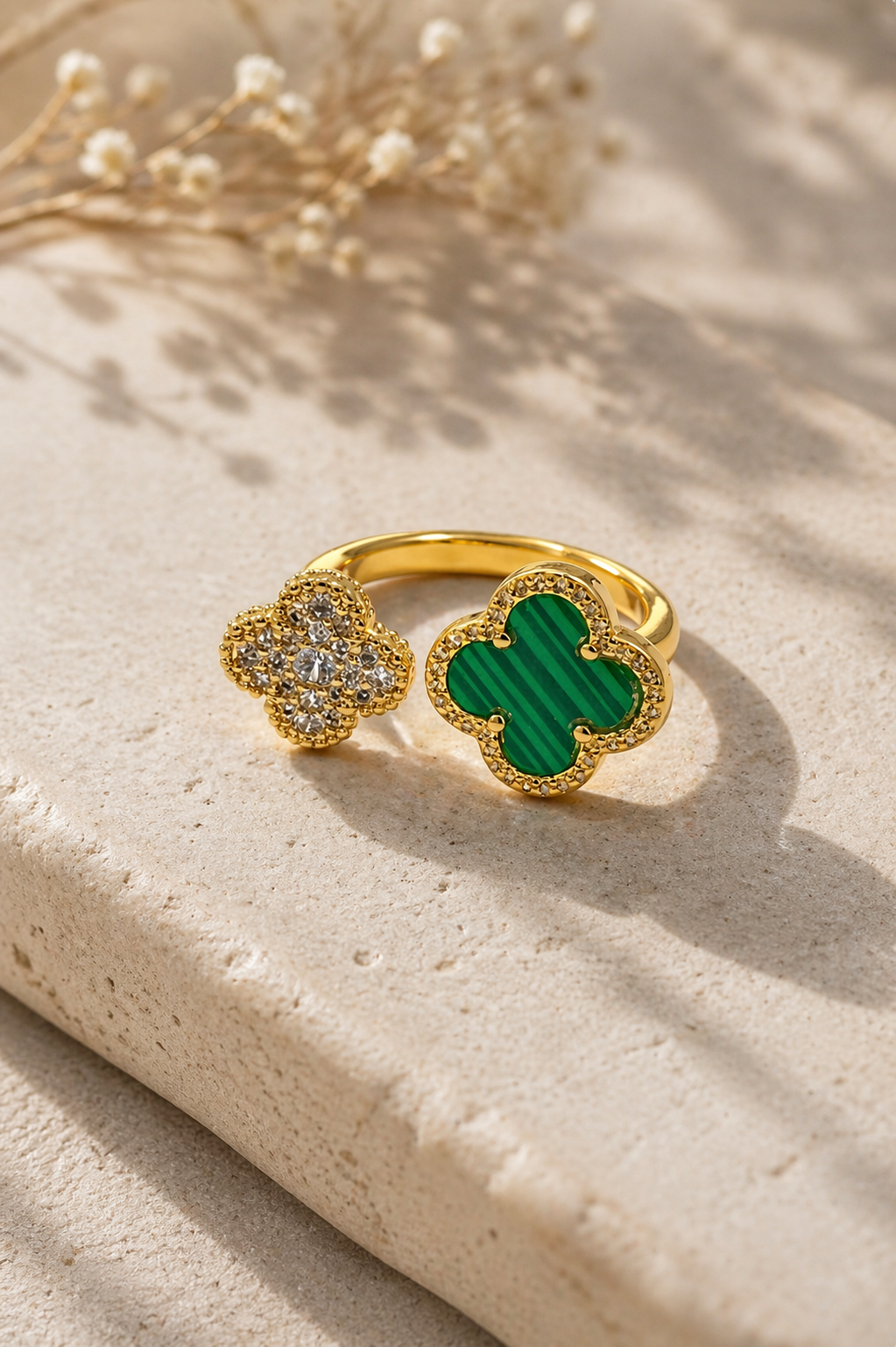 Dual Clover Statement Ring (Green & Crystal)