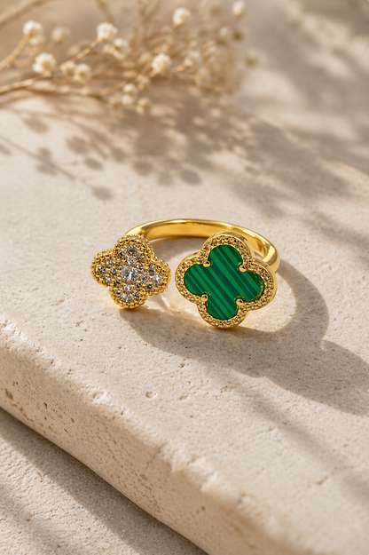 Dual Clover Statement Ring (Green & Crystal)