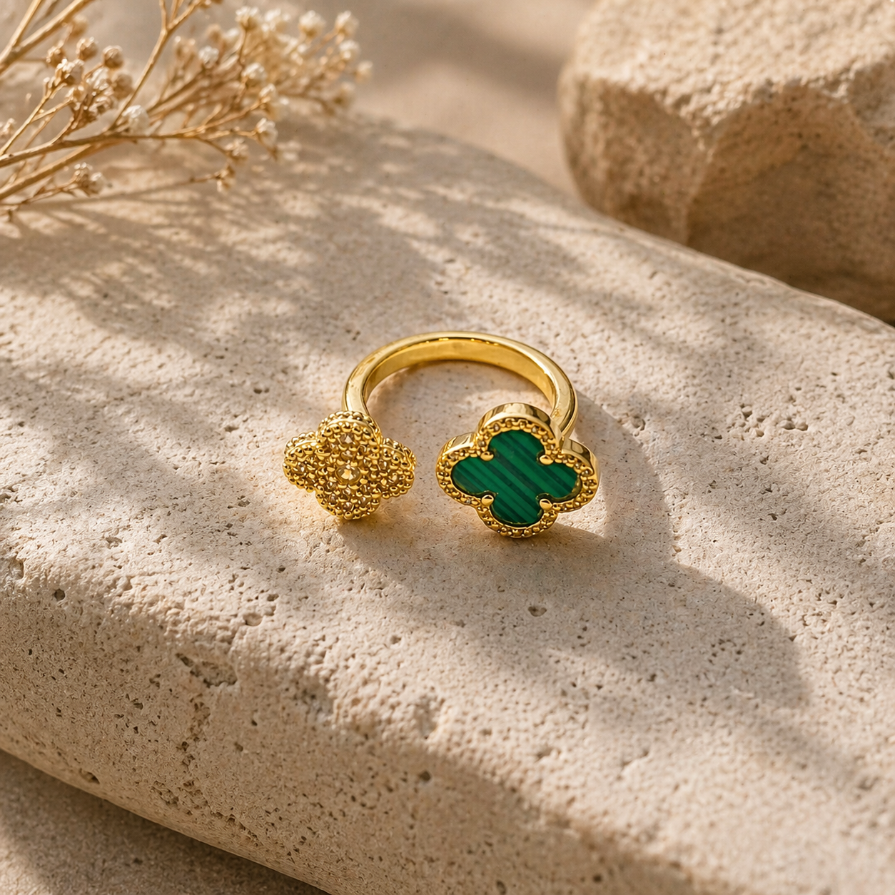 Dual Clover Statement Ring (Green & Crystal)