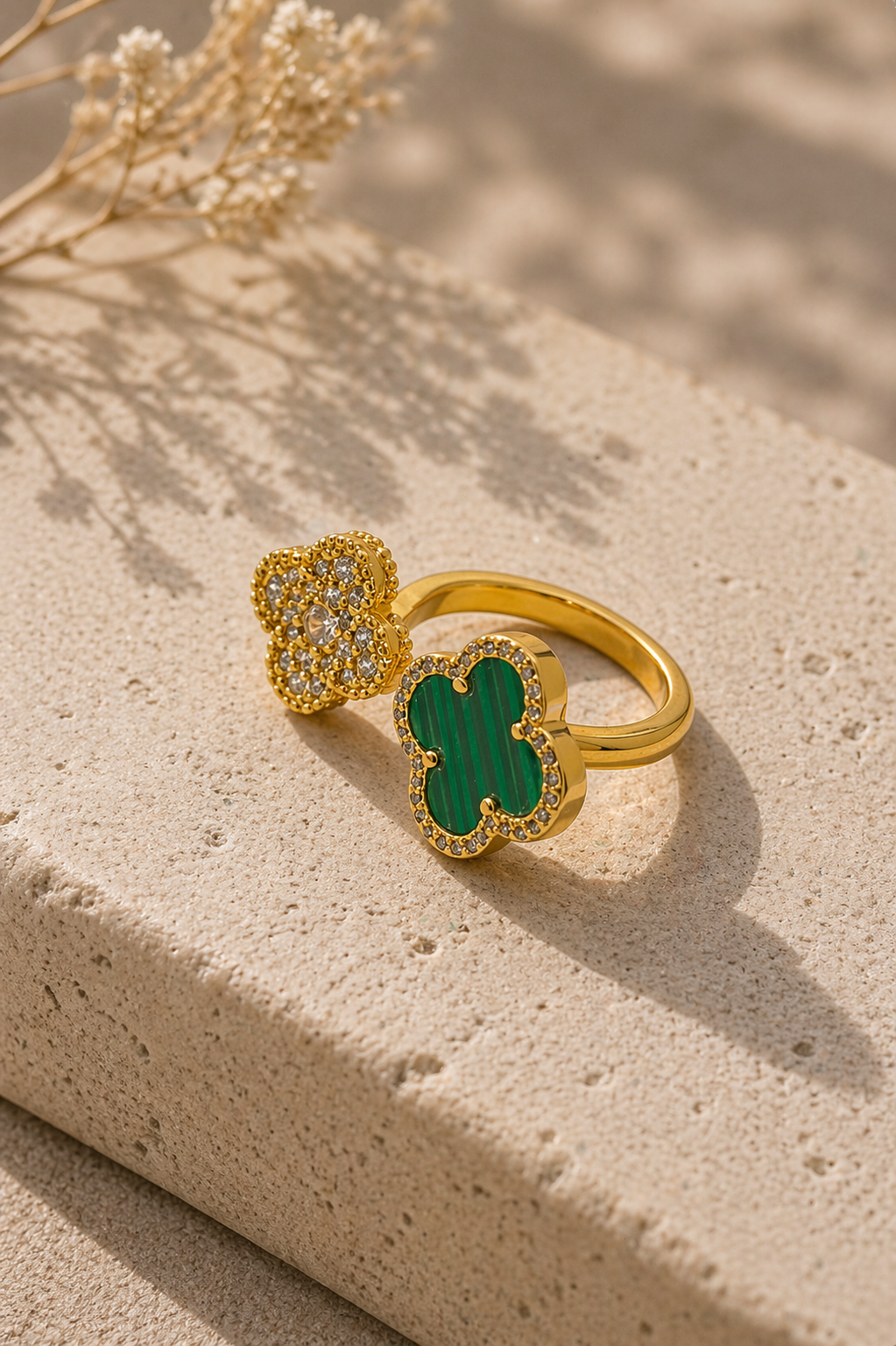 Dual Clover Statement Ring (Green & Crystal)