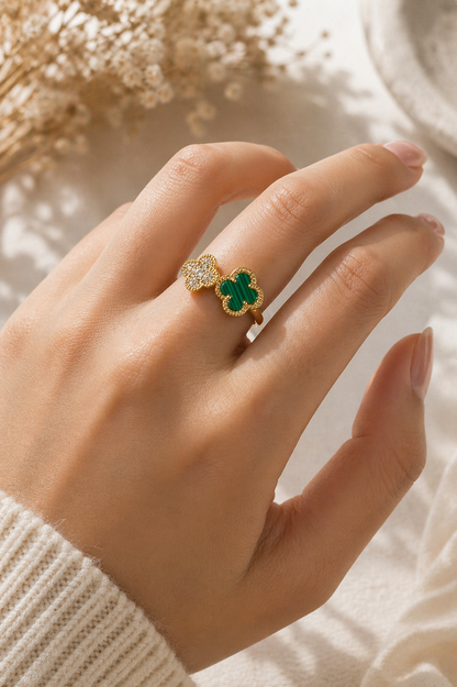 Dual Clover Statement Ring (Green & Crystal)