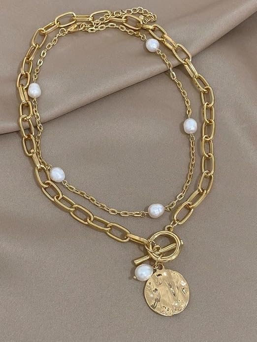 Chic layered pearl necklace, yellow gold-plated, hypoallergenic & anti-tarnish for timeless elegance.