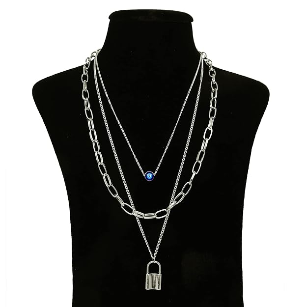 Silver padlock necklace for women in rhodium plating