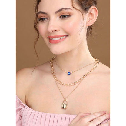 Trendy yellow gold plated padlock necklace for women