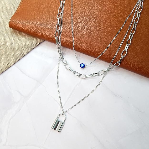 Chunky silver necklace with padlock charm