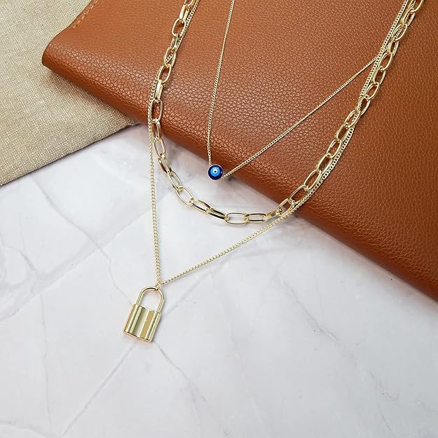 Gold Tone Padlock Necklace with polished finish, anti-tarnish, and trendy style for women.