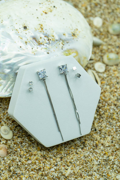 Elegant sparkling earrings set with rhodium plating, anti-tarnish finish, and hypoallergenic design.