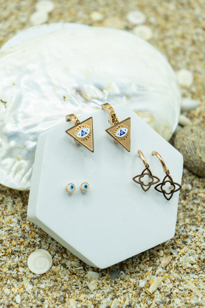 Evil Eye Earrings Set, rose gold-plated, hypoallergenic, anti-tarnish, stylish and protective fashion jewelry