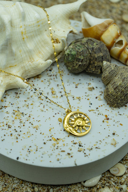 Sun & Moon Necklace, gold-plated, hypoallergenic, anti-tarnish, celestial-inspired jewelry
