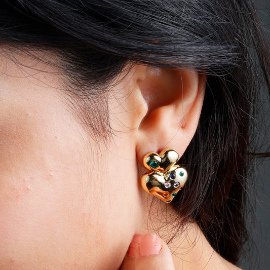 Elegant Double Heart Earrings with yellow gold plating and anti-tarnish finish.