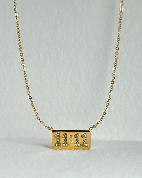 11:11 Wish Necklace by Peppy Pink with Yellow Gold Plating and Cubic Zirconia, a minimalist and meaningful accessory.