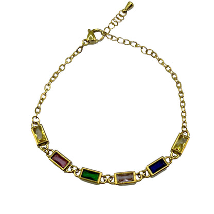 Vibrant Multi-Colored Stone Bracelet with yellow gold plating and hypoallergenic design.